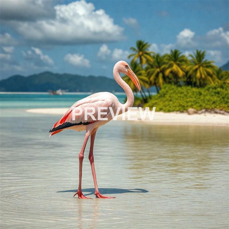 A pink flamingo is standing in shallow water on a tropical beach with a backdrop of palm trees, mountains, and a partly cloudy sky.